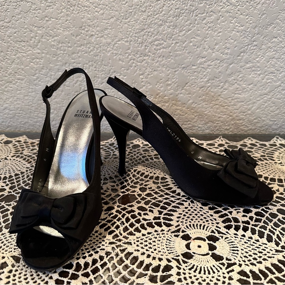 Stuart Weitzman Black Bow Open Toe Slingback Pumps - image 2